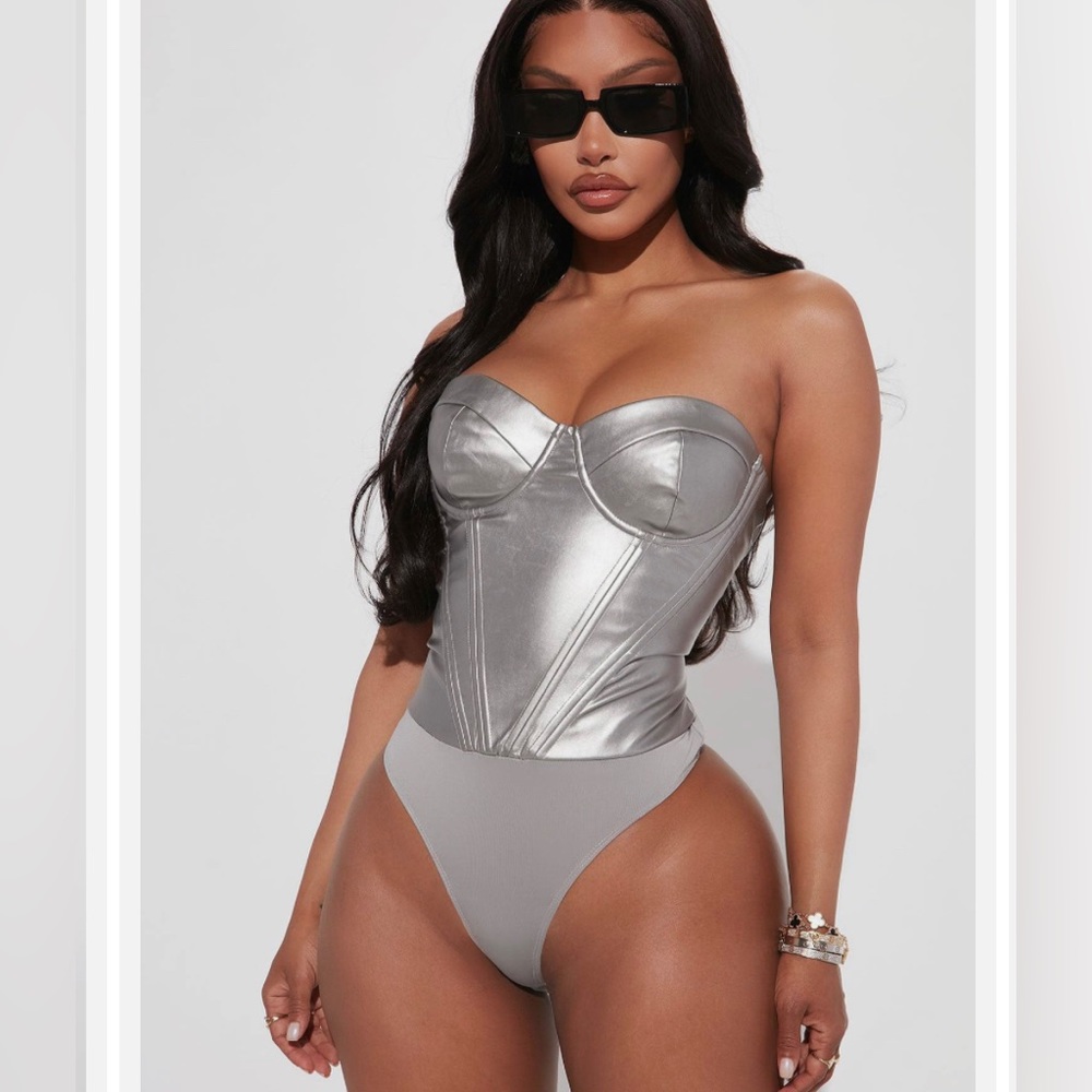 NWT Fashion Nova Valentina Silver Metallic Corset Bodysuit